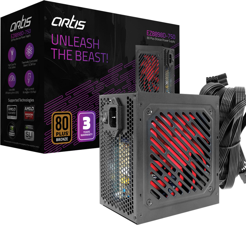 artis EZ8898D-80 Plus Bronze Power Supply 750 Watts Gaming PSU with 3 SATA Cables(Black)