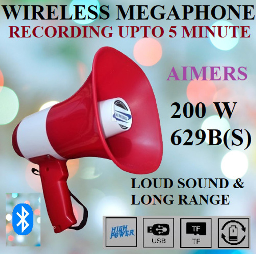 AIMERS LOng Range Megaphone Recorder, USB & Memory card input. Siren, Music (200 W) Wireless Bluetooth Megaphone/Loudspeaker for Announcement with Rechargeable Indoor, Outdoor PA System(200 W)