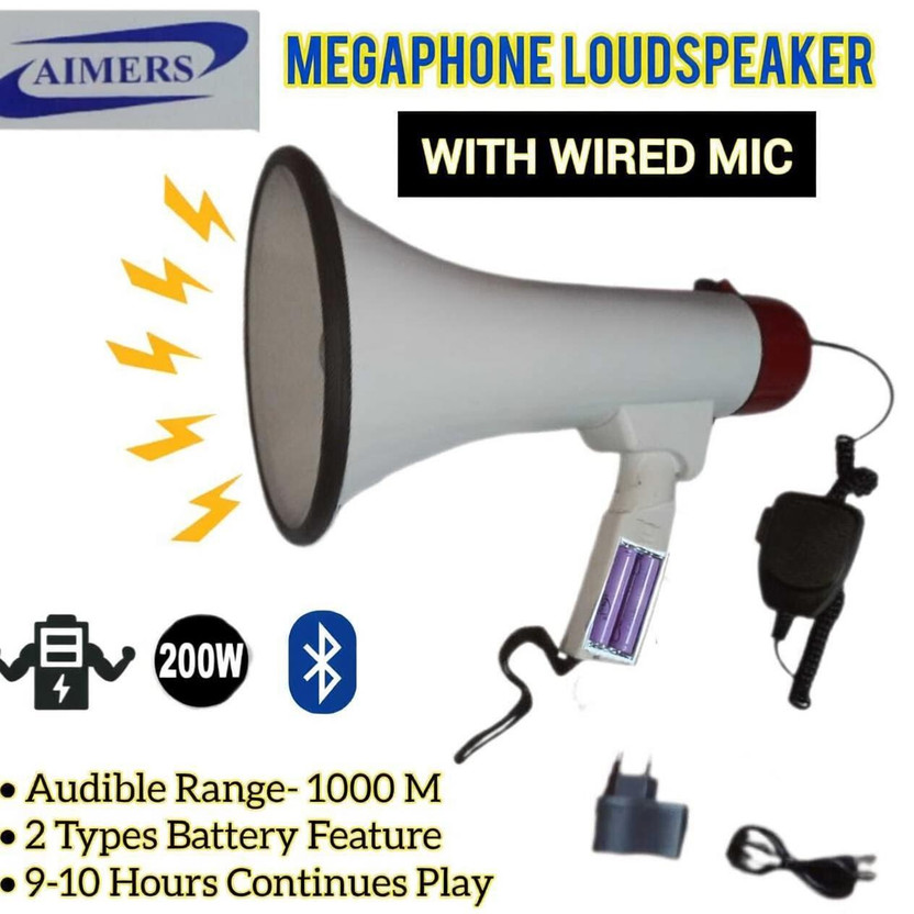 AIMERS Wired Mic Bluetooth Megaphone with Recorder,USB &Memory Wired Megaphone Card Input for Record;Play;Siren;Music with Battery and Charger Indoor, Outdoor PA System(200 W)