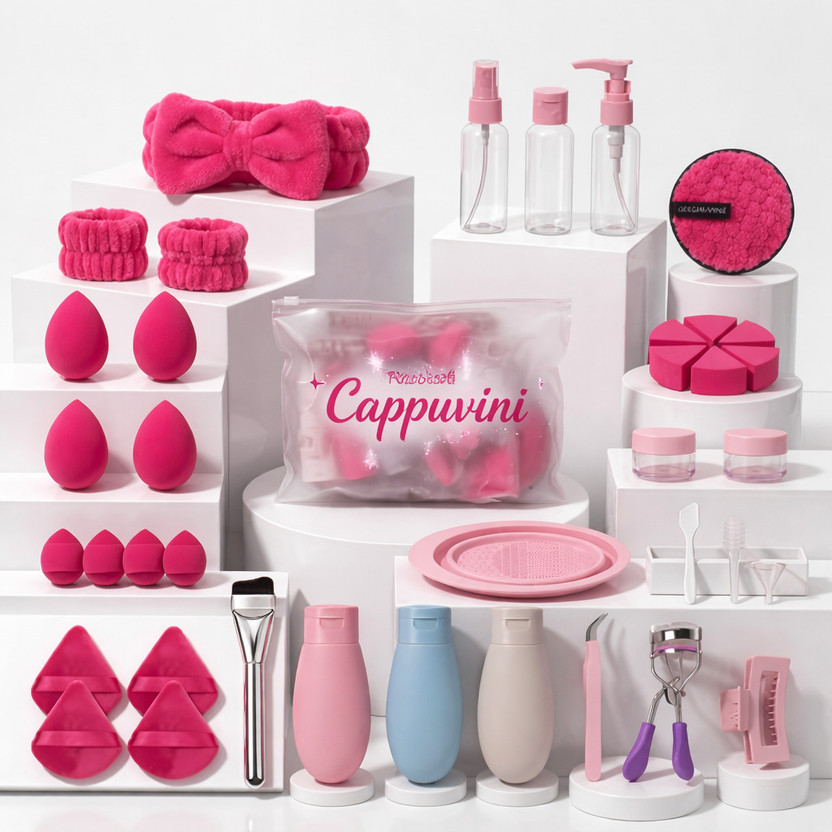 CAPPUVINI 38 Pcs Hot Pink Makeup & Skincare Kit | Sponges, Bottles, Tools Set(38 Items in the set)