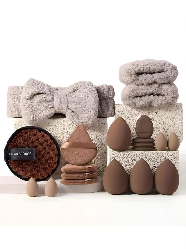 VONGEE Gege Bear Brown 20pcs Puff Set Beauty Blender Sponges Powder Puffs Headband Pack