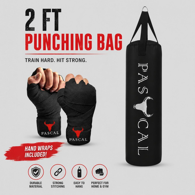 Pascal Unfilled Heavy Boxing Bag Punching Bag combo with Hand Wraps for Men Women Hanging Bag(2 FEET, 24 inch)