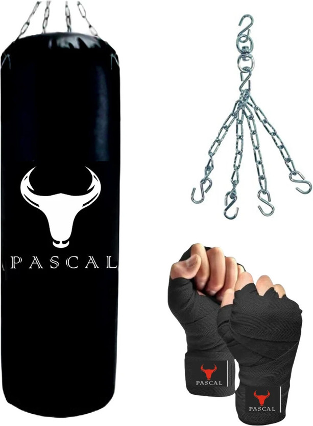 Pascal 2Ft Unfilled Black Professional Boxing Bag with Steel Chain & Hand wrap Hanging Bag(2 Feet, 24 inch)