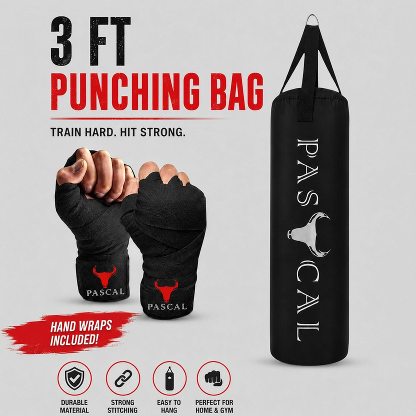 Pascal Unfilled Heavy Boxing Bag Punching Bag combo with Hand Wraps for Men Women Hanging Bag(3 FEET, 36 inch)