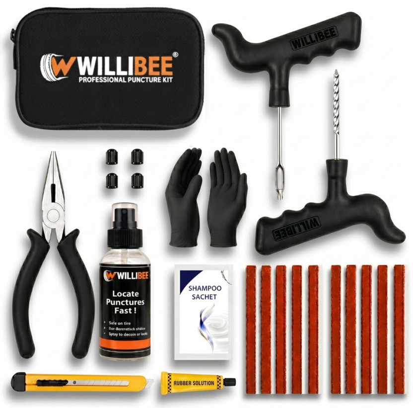 WILLIBEE 11-in-1 (Pack of 10 Strips) for Car & Bike | Puncher Kit (with Storage Bag) Tubeless Tyre Puncture Repair Kit