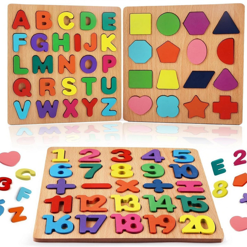 Vervita Kids Colorful Wooden Puzzle Set Featuring 3D Capital Alphabets, Numbers, Shapes(70 Pieces)