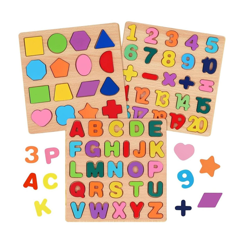 eltihr Wooden Alphabet Number & Shape Puzzle Board Brain Development game toy(3 Pieces)