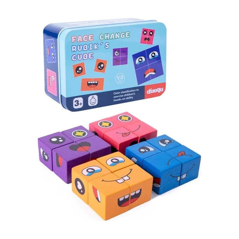 CrazyBuy Wooden Emoji Face Cube Matching Block Puzzle Game for Kids |16 Cubes 72 Cards|(16 Pieces)