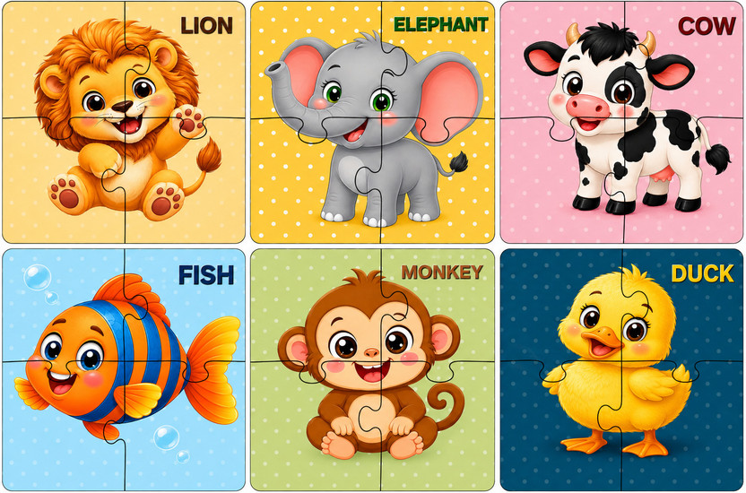 BrainBerries Wooden Jigsaw Puzzle Set for Kids | 6 Animal Puzzles | 4 Pieces Each(6 Pieces)