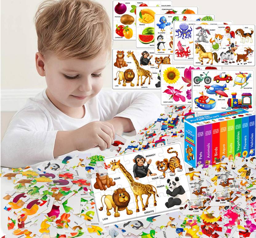 Wishmaster Set of 8 Jigsaw Puzzle Combo Set, Birds, Animals, Flowers, Vegetables, Fruits Set