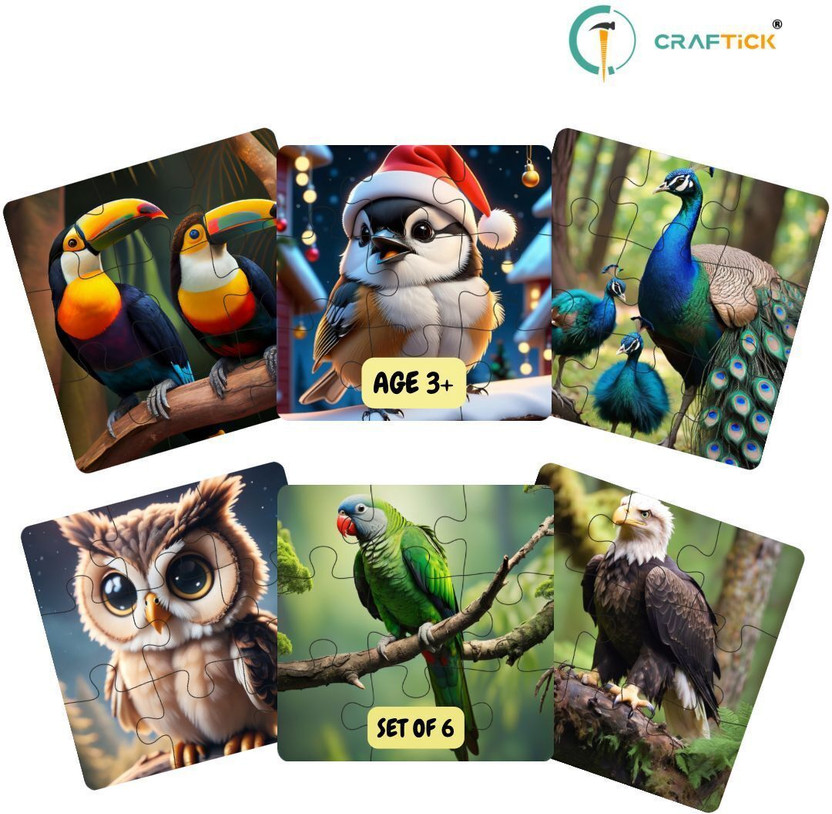 Craftick Wooden Set of 6 combo Birds Games Toys Jigsaw Puzzles for Kids Age 2 and Above.(54 Pieces)