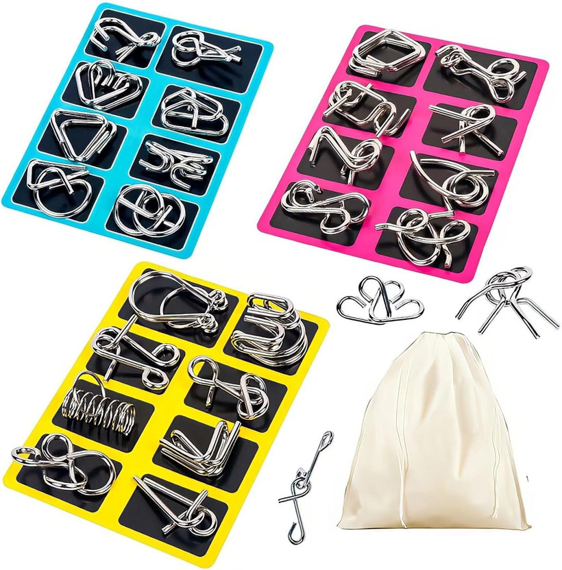 Zuigo 24 Pcs Metal Brain Teaser IQ Puzzle Set Mind Games for Kids & Adults 3 PK-(24 Pieces)