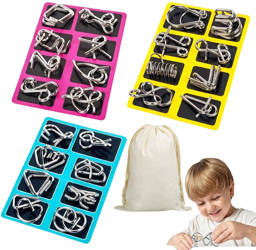 Zuigo 24 Pcs Metal Brain Teaser IQ Puzzle Set Mind Games for Kids & Adults 3 PK(24 Pieces)