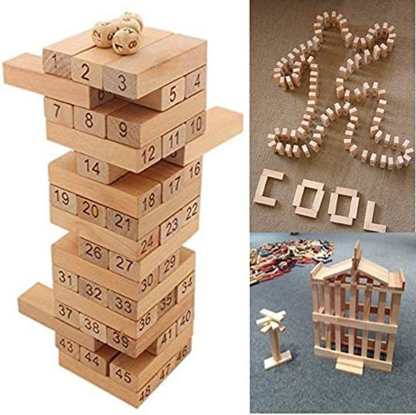 Goyal's Wooden Zenga Building Blocks Puzzle 48 Pcs Tile 4 Dice Stacking Game Maths(Brown)
