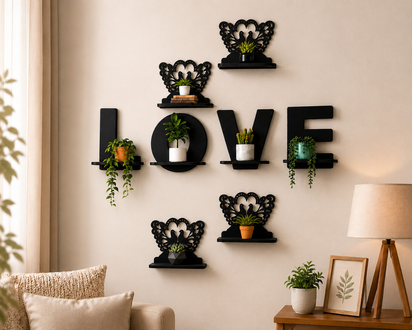 Simmi Craft Store LOVE Wall Shelf Set of 8 | Decorative Floating Shelves for Home Decor Wooden Wall Shelf(Number of Shelves - 8, Black)