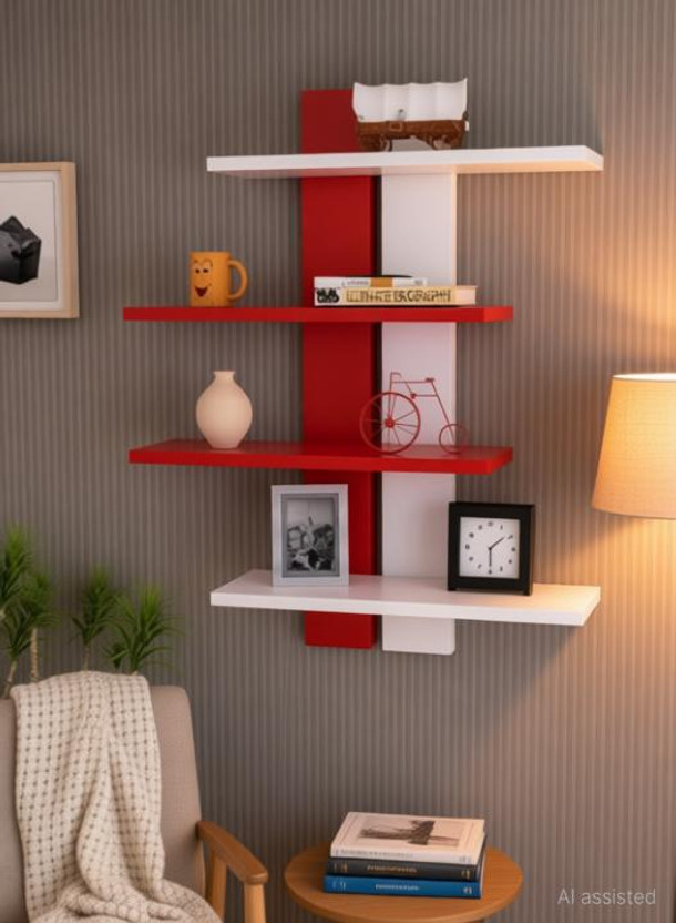 Hindwood Floating Laminated Ladder Shape 4 Tier Designer Wall Rack Shelf MDF Wall Shelf (Number of Shelves - 4, Red , White) MDF (Medium Density Fiber), Wooden Wall Shelf(Number of Shelves - 4, White, Red)