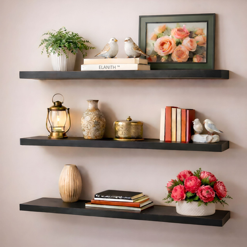 ELANITH ™ Set of 3 Floating Wall Shelves Wooden Wall Shelf(Number of Shelves - 3, Brown)