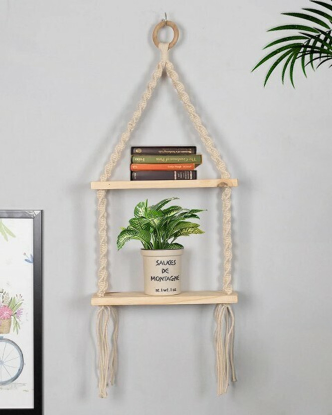 RAKANO Macrame Wall Hanging Shelf Bohemian Designs Home Decor Pine Wooden Shelves Wooden Wall Shelf(Number of Shelves - 2, White)