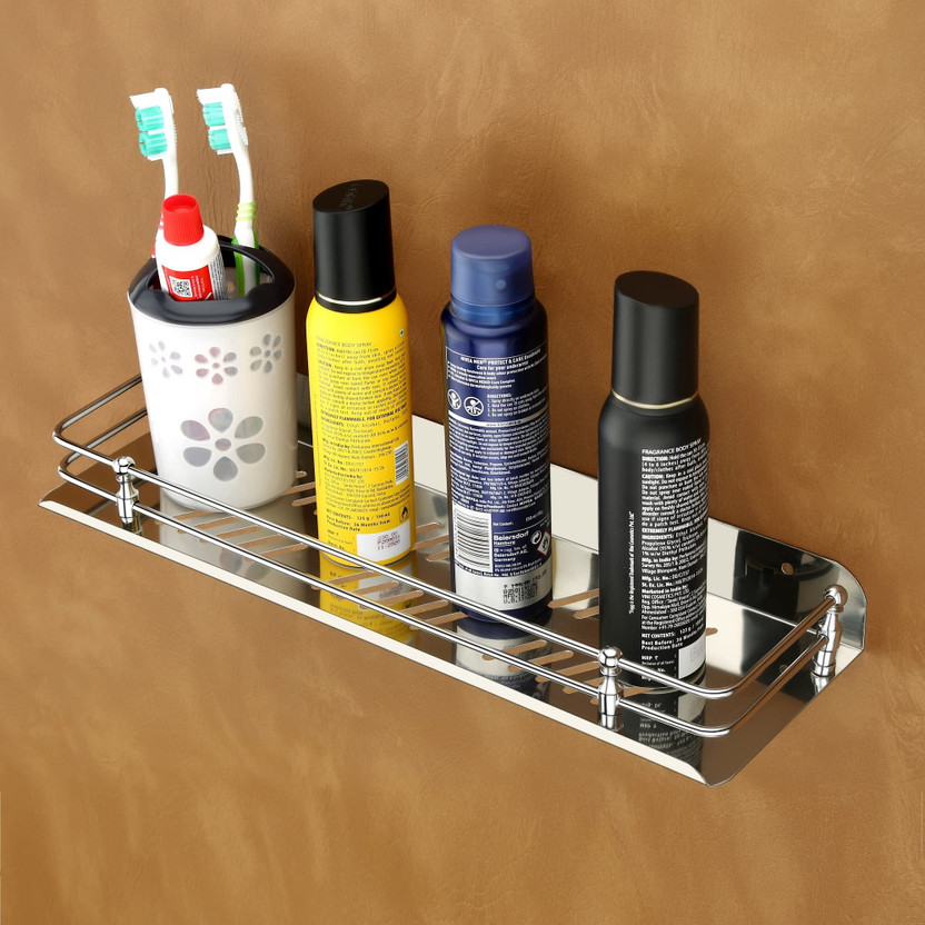 Smartslide SS Perfume Rack / Kitchen Shelf / Showpiece Stand / Bath Accessories (12X4 Inch) Stainless Steel Wall Shelf(Number of Shelves - 1, Silver)
