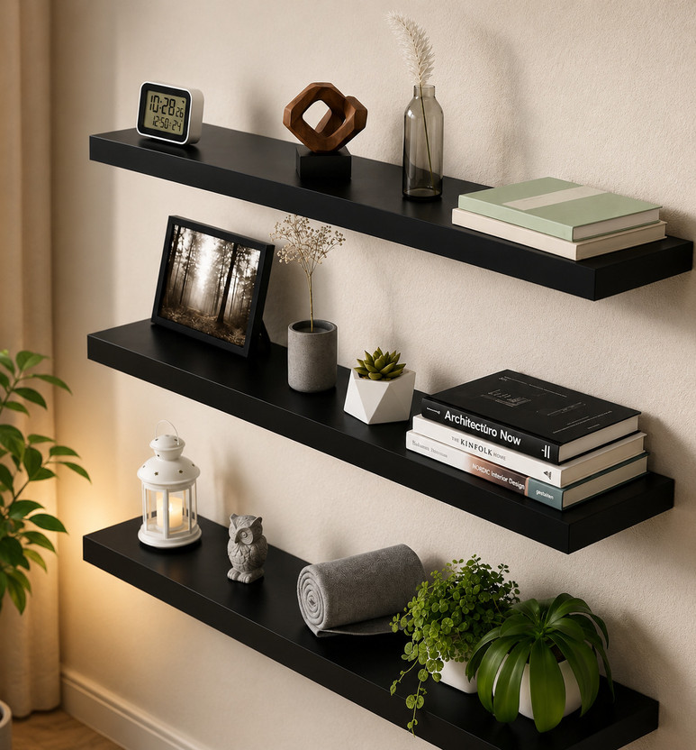 LPSWoodenCraft LPSWoodenCraft MDF Wall Shelves, Black, Set of 3, for Living Room, Bedroom and Home Decor Wooden Wall Shelf(Number of Shelves - 3, Black) - Flipkart Deal