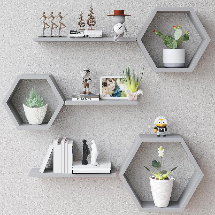 Stylish Art Maker Wall Shelf for Home&Office Decor Item Wall Mounted floating Shelf Set Of6(GREY) Wooden, MDF (Medium Density Fiber) Wall Shelf(Number of Shelves - 6, Grey)