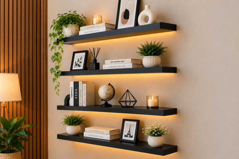 ELANITH STUBBORN Wooden Wall Mount Floting Shelf Stand Wall Shelves Wooden Wall Shelf(Number of Shelves - 4, Black)
