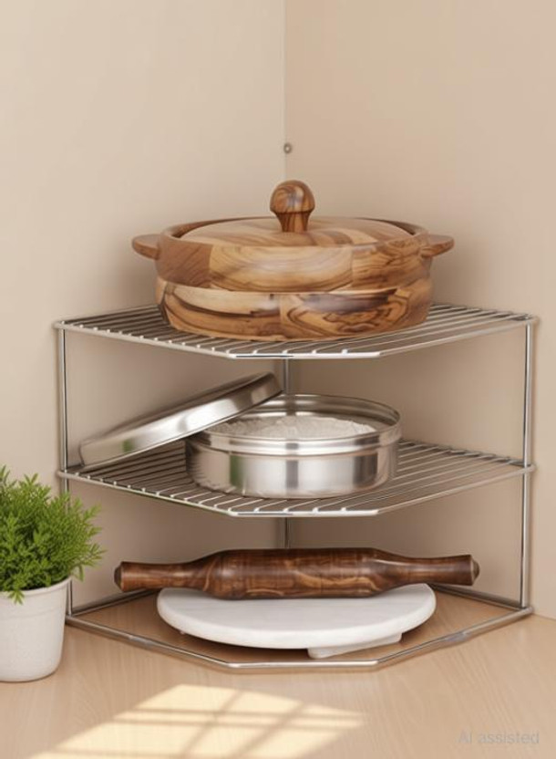 Rizik Store Stainless Steel Multipurpose Kitchen Corner Shelf Rack Stand/Chakla Belan Storage Steel Wall Shelf(Number of Shelves - 3, Steel, Silver)