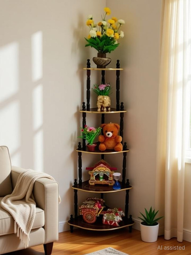 DPH 5 Shelf Wooden Corner, Floor Standing, Multipurpose Rack, Corner, Brown Finish Wooden Wall Shelf(Number of Shelves - 5, Brown)