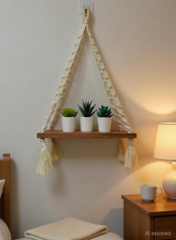 RAKANO Macramé Wooden Wall Hanging Shelf Modern Chic Woven Macrame Tapestries Wooden Wall Shelf(Number of Shelves - 1, White)