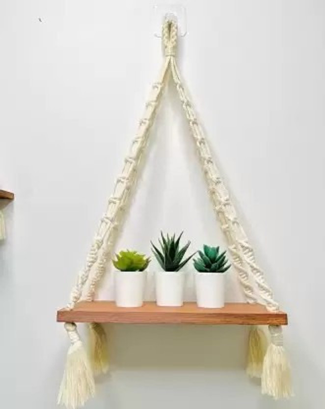 RAKANO Macramé Wooden Wall Hanging Shelf Modern Chic Woven Macrame Tapestries Wooden Wall Shelf(Number of Shelves - 1, White)