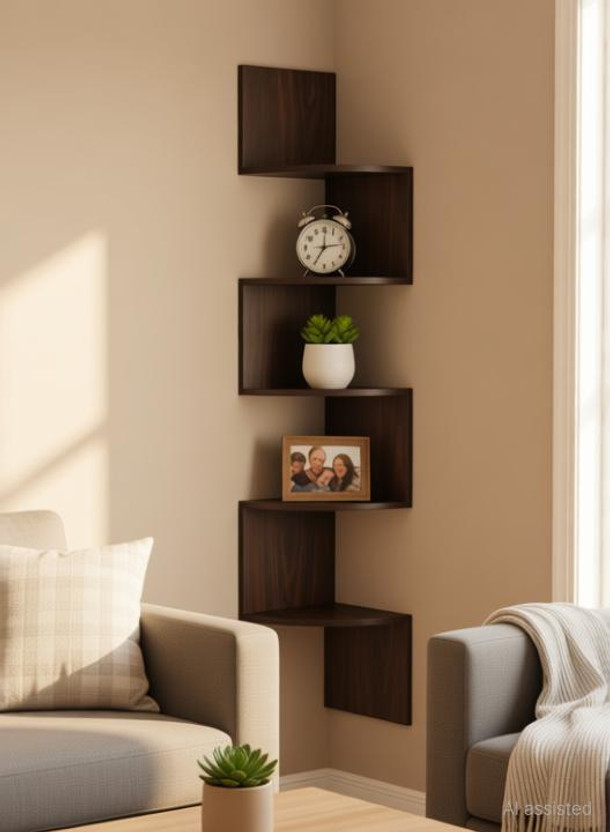 Lamour Art Wooden Wall Mount Corner Wall Stand Wooden Wall Shelf(Number of Shelves - 5, Brown)