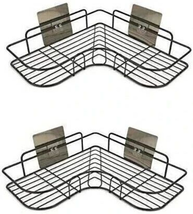 SIYA INFOTECH 2-Tier Wall Mounted Bathroom & Kitchen Storage Rack (Adhesive Mount) Steel Wall Shelf(Number of Shelves - 2, Black)