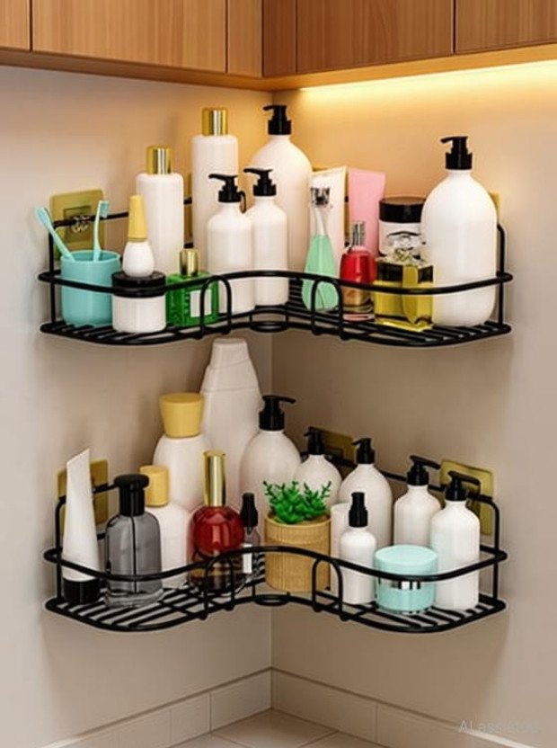 ZenZone Self-Adhesive Metal Bathroom Corner Shelf Rack Pack of 2 | Wall Mount Organizer Iron Wall Shelf(Number of Shelves - 2, Black)