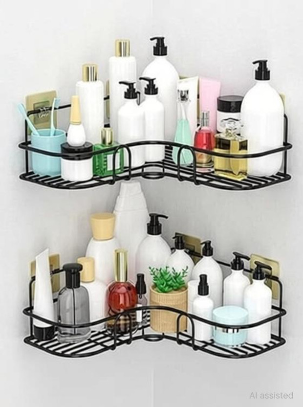 ZenZone Self-Adhesive Metal Bathroom Corner Shelf Rack Pack of 2 | Wall Mount Organizer Iron Wall Shelf(Number of Shelves - 2, Black)