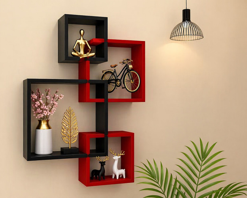classiconline Premium Wall Rack Shelf for Living Room Bedroom Decor MDF (Medium Density Fiber) Wall Shelf(Number of Shelves - 4, Red, Black)