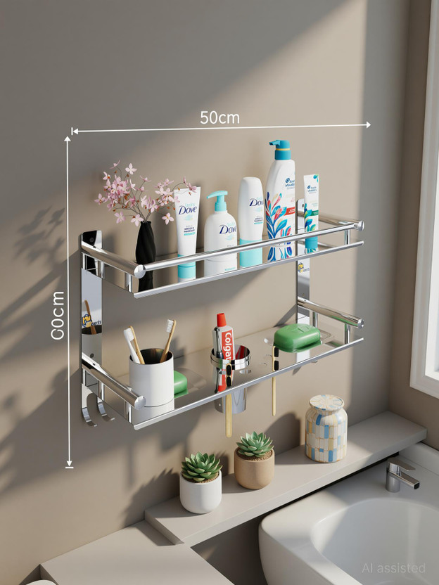 Bzcarts Stainless Steel Bathroom Rack Shelf Organizer Wall Mounted Accessories Holder Stainless Steel Wall Shelf(Number of Shelves - 2, Steel)