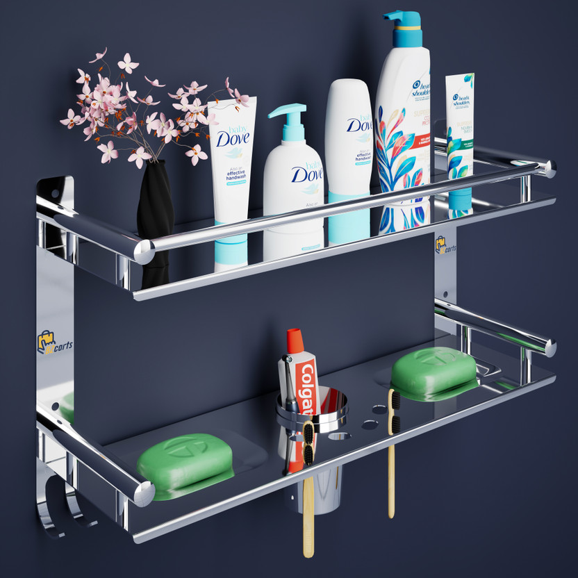 Bzcarts Stainless Steel Bathroom Rack Shelf Organizer Wall Mounted Accessories Holder Stainless Steel Wall Shelf(Number of Shelves - 2, Steel)
