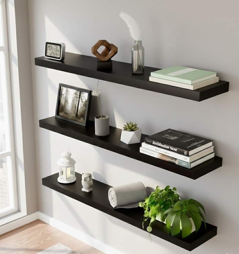 NP HANDICRAFT Floating Wall Shelves Set of 3, Modern Rectangular Design, 18x6 Inch MDF (Medium Density Fiber) Wall Shelf(Number of Shelves - 3, Black)