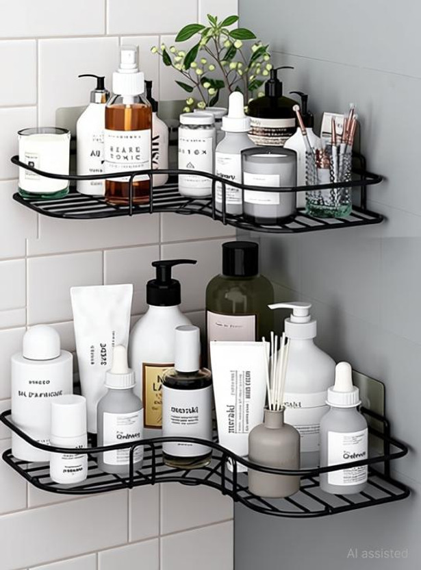 kedarnath Multi-use Self Adhesive Kitchen (PACK OF 1) Bathroom Corner Shelf,storage Rack Steel Wall Shelf(Number of Shelves - 2, Black)