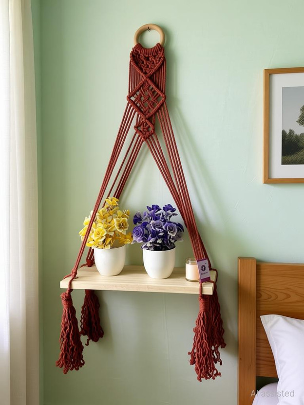 RAKANO RAKANO Macrame Wall Hanging Handmade Boho Wall Hanging for Wall Décor Wooden Wall Shelf(Number of Shelves - 1, Maroon)
