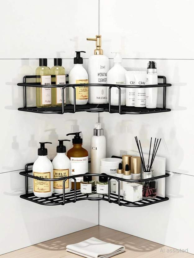 kridha Self-Adhesive Metal Bathroom Corner Iron Wall Shelf(Number of Shelves - 2, Black)