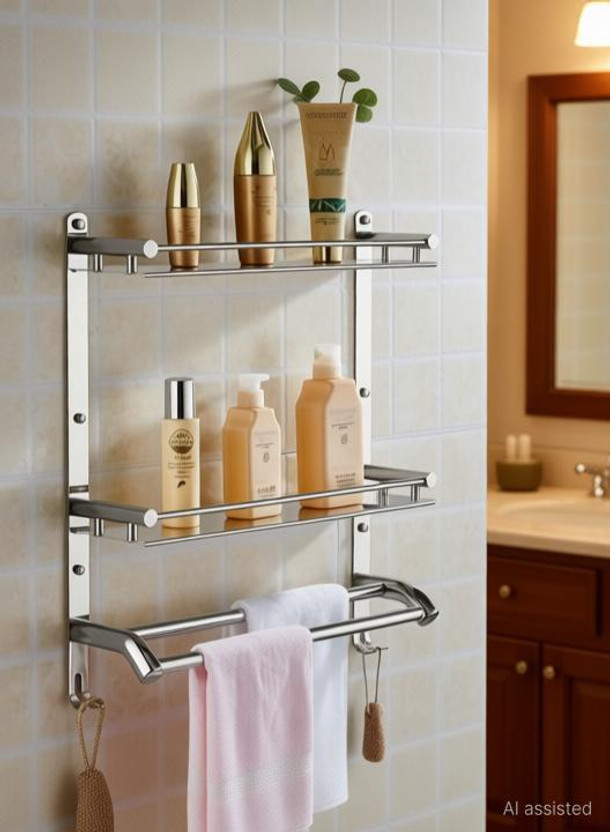 KEEPWELL Well Set Stainless Steel Multi-use Rack/Bathroom Shelf/Bathrom Rod Stainless Steel Wall Shelf(Number of Shelves - 2, Silver)