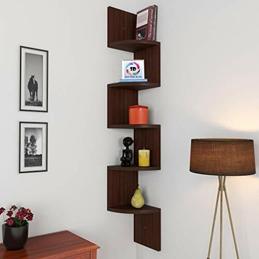 Decorestonia Zigzag Corner Wall Shelf Wall Mount Unit Racks and Wall Shelves Home Decor Wooden Wall Shelf(Number of Shelves - 5, Brown)