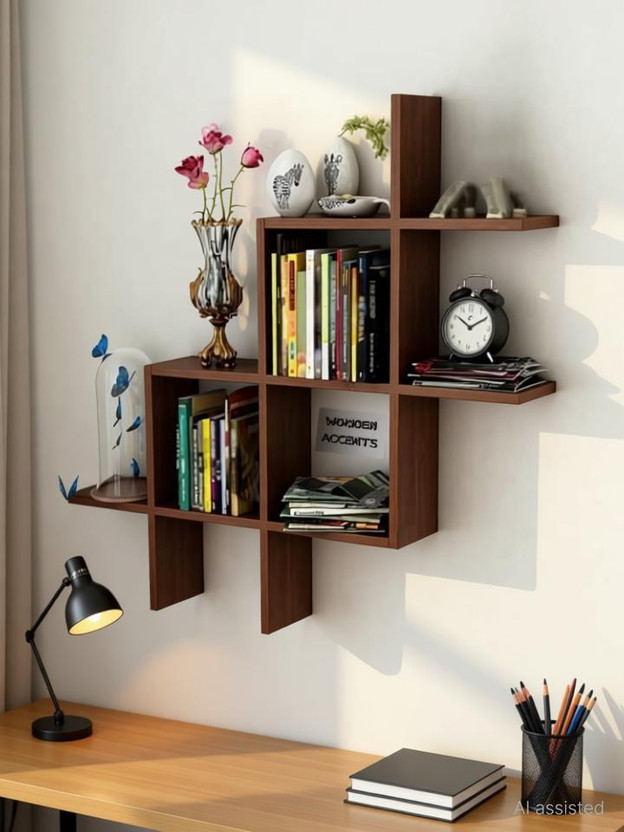 NEWOOD HANDICRAFT Wooden Plus Shape Wall Shelf Hashtag Floating mount Rack Shelf (Brown) MDF (Medium Density Fiber) Wall Shelf(Number of Shelves - 8, Brown)