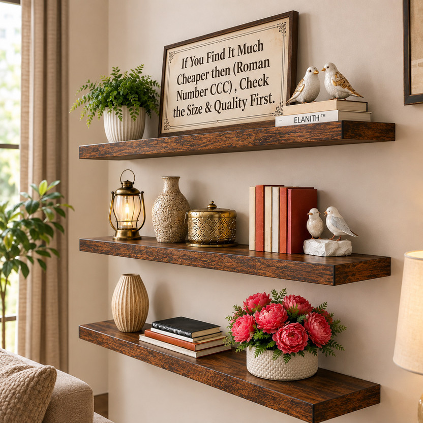 ELANITH Standard size , Super Natural Modern Floating Wall Shelves Set of 3 – Brown Wooden Wall Shelf(Number of Shelves - 3, Black, Brown)