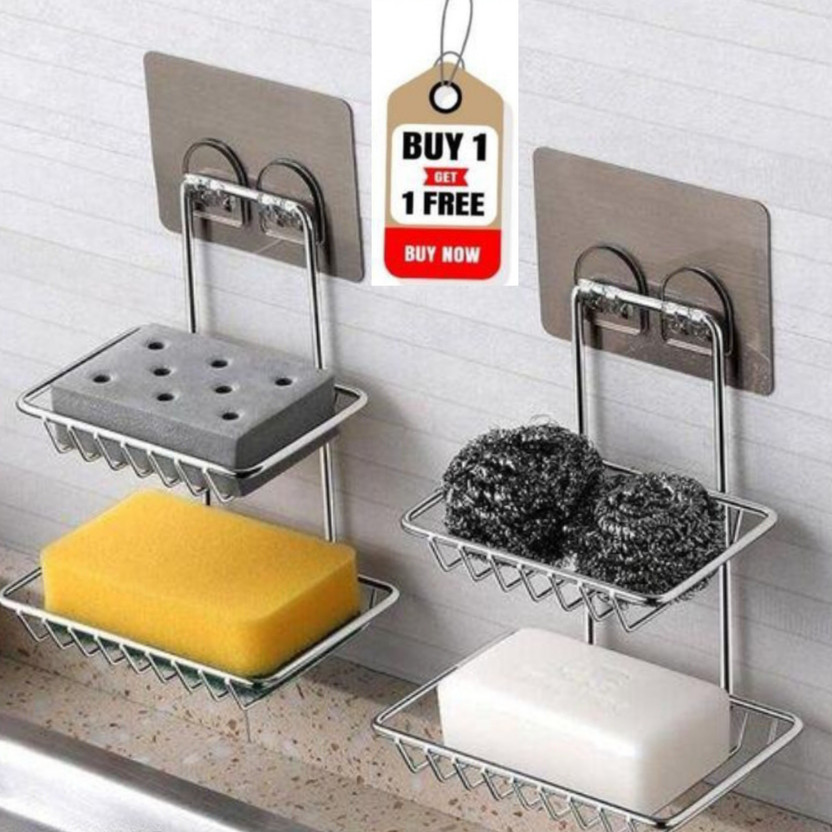 AD PLAST Multipurpose Steel Double Layer Soap Holder Shelf Stand Holder (Pack of 2) Stainless Steel Wall Shelf(Number of Shelves - 2, Steel)