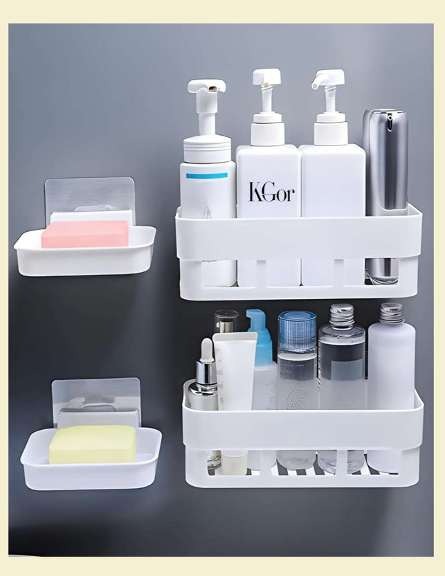 AKOOPAR GLOBAL Multipurpose Bathroom Storage Shelf Set with Soap Stand Holder Plastic Wall Shelf(Number of Shelves - 2, White)