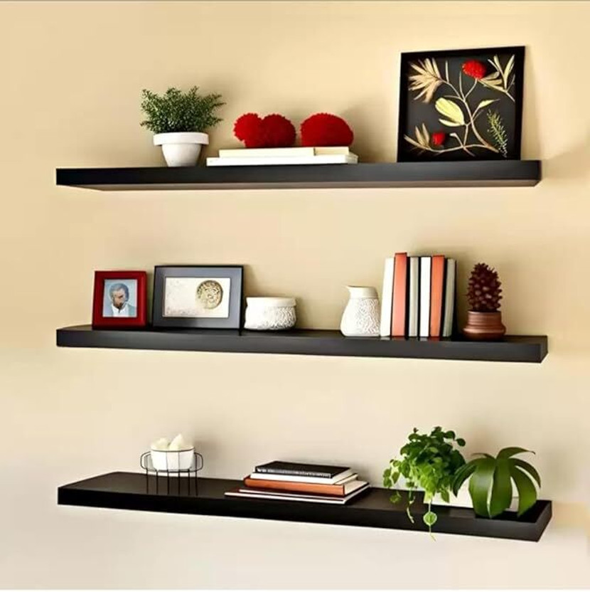 ELANITH Wooden Wall Mount Floting Shelf Stand Wall Shelves Wooden Wall Shelf(Number of Shelves - 3, Black)