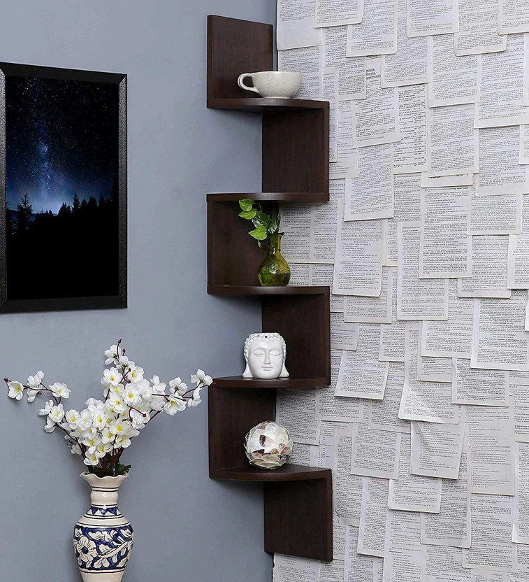 woodinzo Zigzag wall shelf wooden wall corner shelves MDF (Medium Density Fiber), Wooden Wall Shelf(Number of Shelves - 5, Brown)