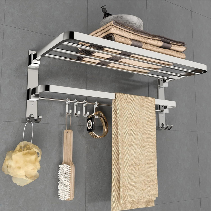 GLOXY Folding 24 Inches Large Towel Rack for Bathroom/Towel Stand for Bathroom Stainless Steel Wall Shelf(Number of Shelves - 2, Silver)